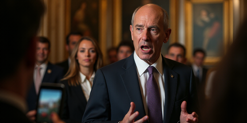 a man in a suit and tie making a face while speaking to reporters in a room with a television, Ei-Q,