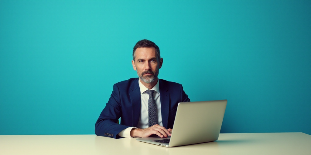a man in a suit and tie sitting at a table with a laptop computer in front of him and a blue backgro