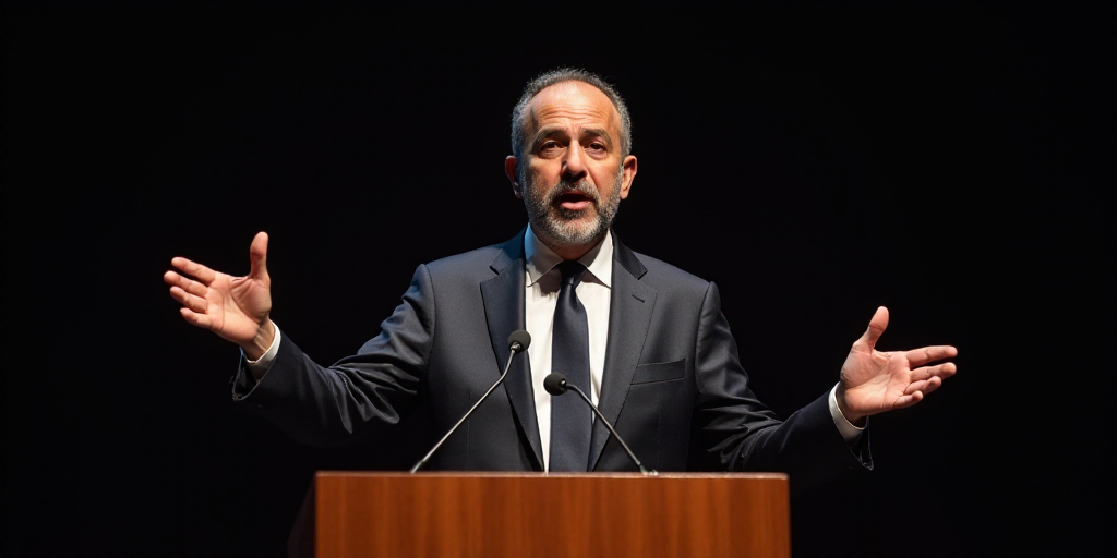 a man in a suit and tie speaking at a podium with his hands out and his hands out to the side, Avigd