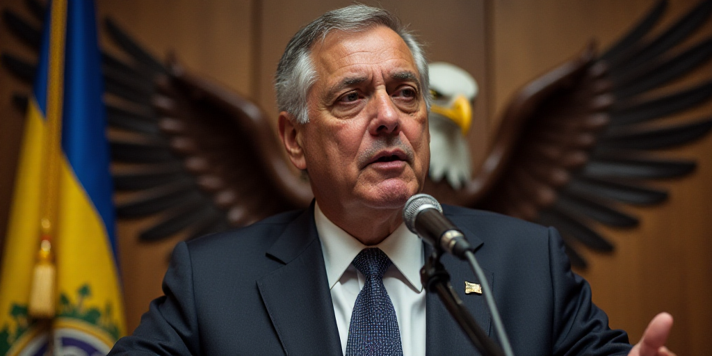 a man in a suit and tie speaking into a microphone with a eagle behind him and a flag behind him, Ca