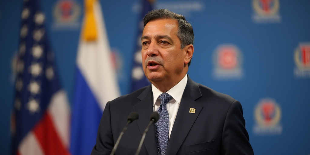 a man in a suit and tie speaking into a microphone at a press conference with a backdrop behind him,