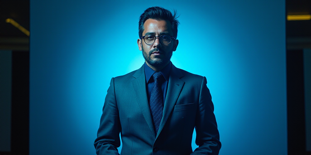 a man in a suit and tie standing in front of a blue background with a black and yellow border, Carlo