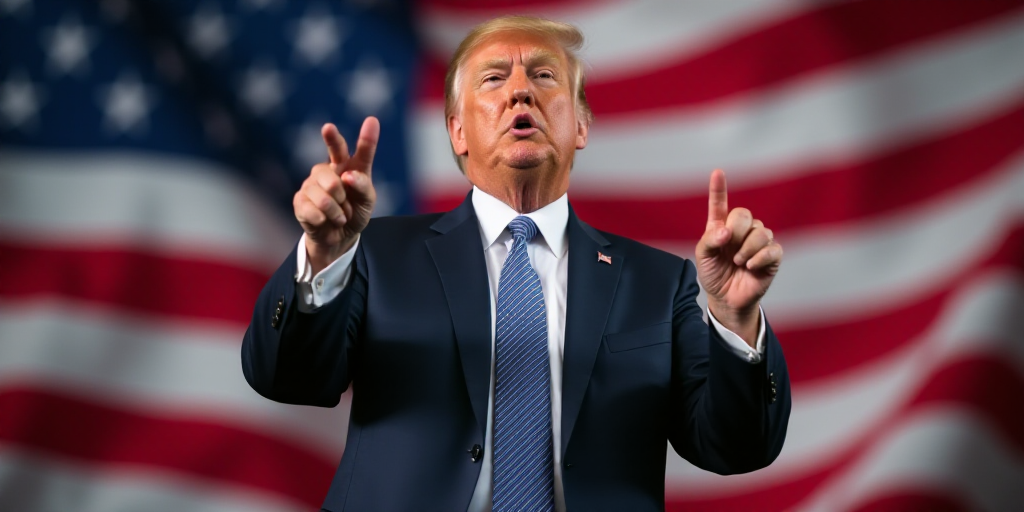a man in a suit and tie standing in front of a flag with his hands out and pointing at something, Do