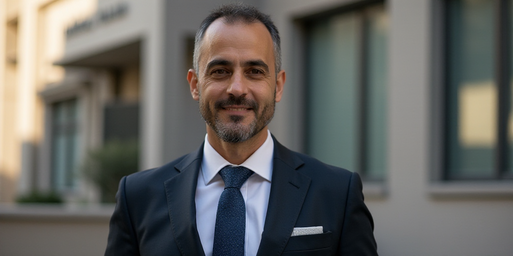 a man in a suit and tie standing in front of a building with a sign on it's side, Farid Mansour, off