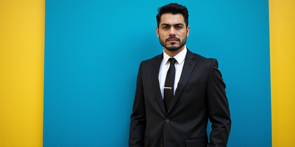 a man in a suit and tie standing in front of a blue background with a yellow border and a black and