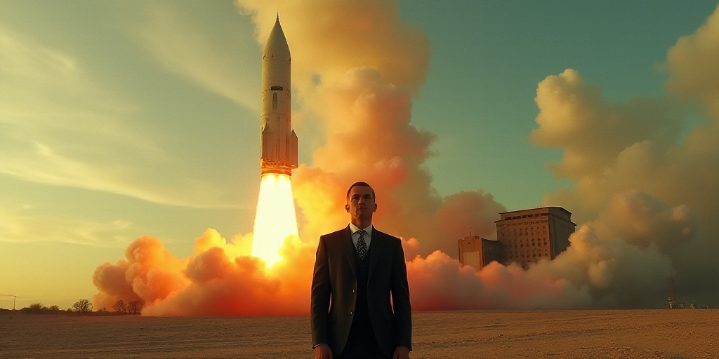 a man in a suit and tie standing in front of a rocket with smoke coming out of it and a building in