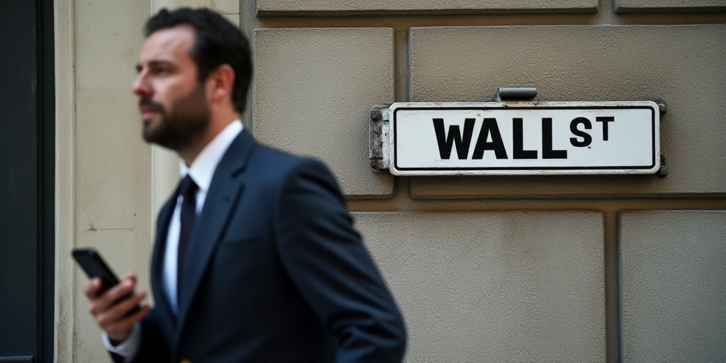 a man in a suit and tie walking past a wall street sign with a cell phone in his hand, Andries Stock