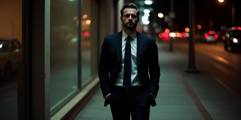 a man in a suit and tie walking on a sidewalk at night with his hand in his pocket and his hand in h