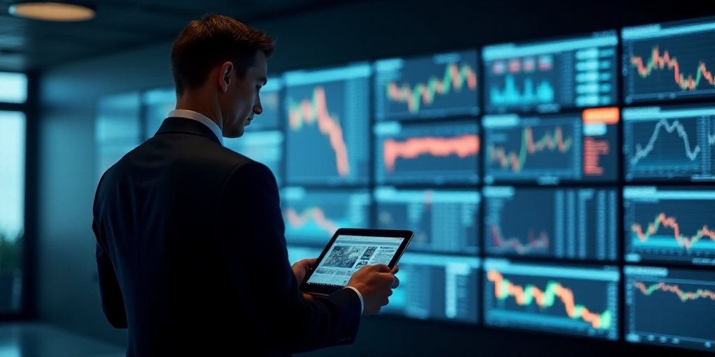 a man in a suit is looking at a tablet in a trading room with multiple screens on the wall, Andries