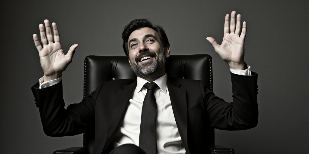 a man in a suit sitting in a chair with his hands up in the air and smiling at the camera, Félix Ar