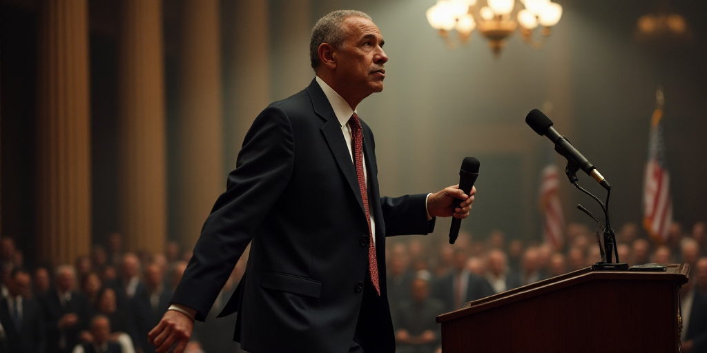 a man in a suit walks past a podium with a microphone in his hand and a microphone in his other hand