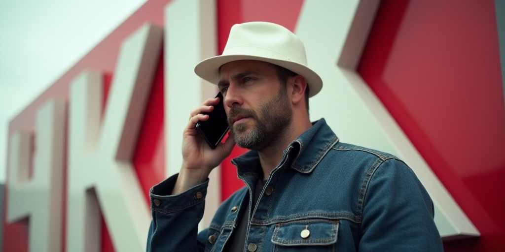 a man in a white hat is holding a cell phone up to his ear and is standing in front of a large k log