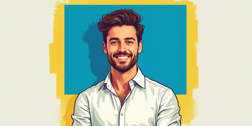 a man in a white shirt is smiling for a picture with a blue background and a yellow border around hi