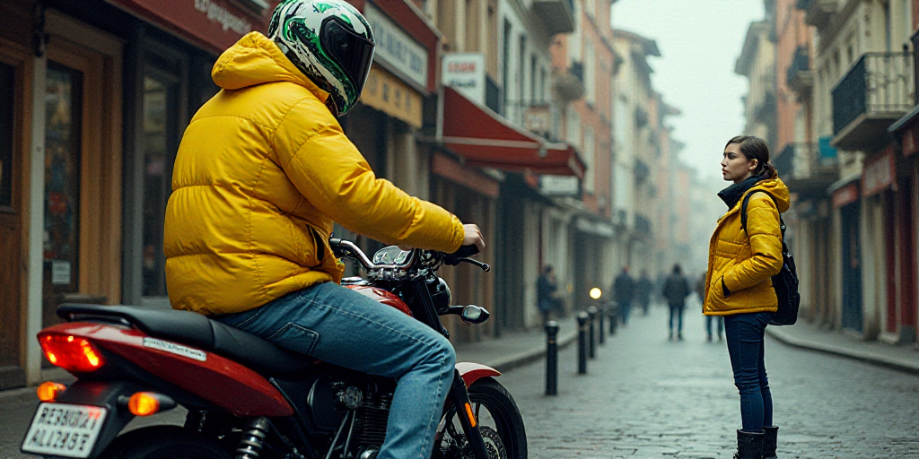 a man in a yellow jacket is sitting on a motorcycle and a woman is standing next to him on the stree