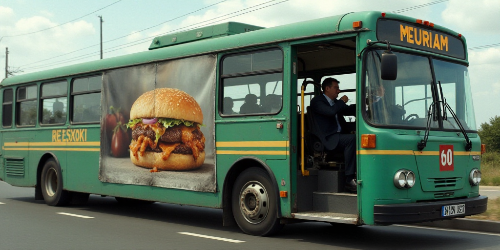 a man is driving a bus with a billboard on it's side and a sandwich advertisement on the side of the