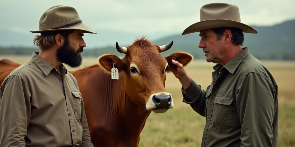 a man is petting a cow with a tag on it's ear and nose, while another man is holding a tag on his ea