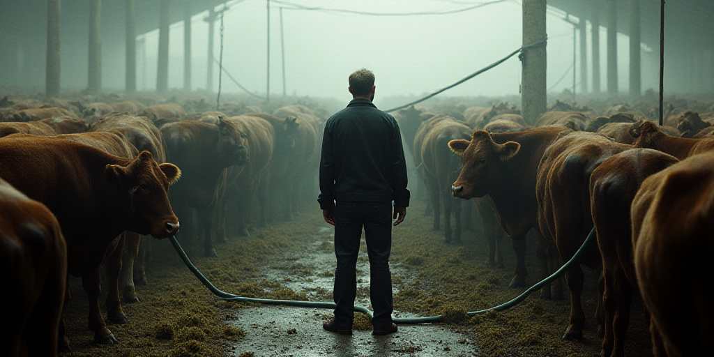 a man is standing in front of a large group of cows in a pen with a hose in it, Andreas Gursky, grim