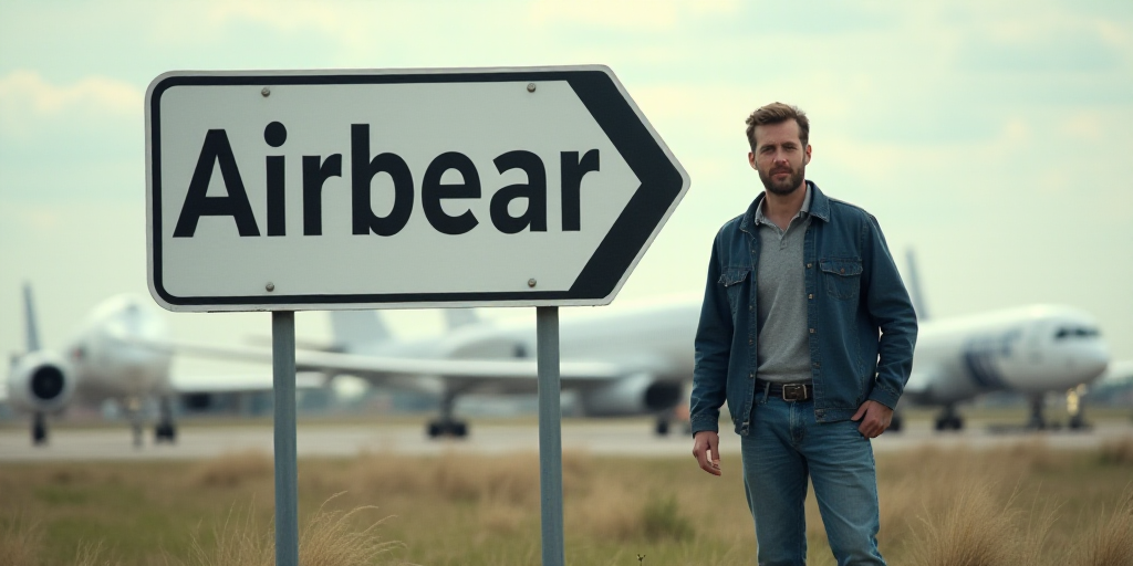 a man is standing next to a sign that says airbear on it and airplanes are in the background, Ei-Q,
