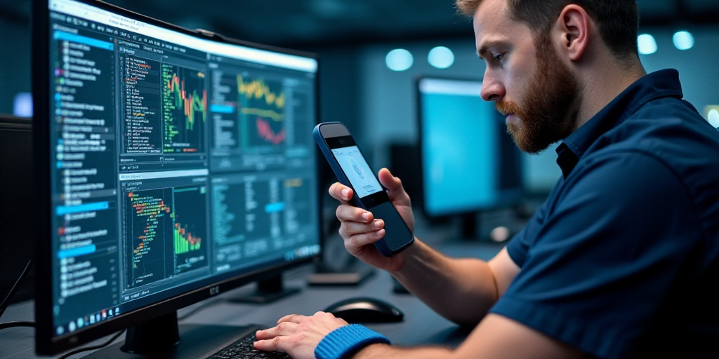 a man is working on a computer with a blue strap on his wrist and another man is holding a blue and