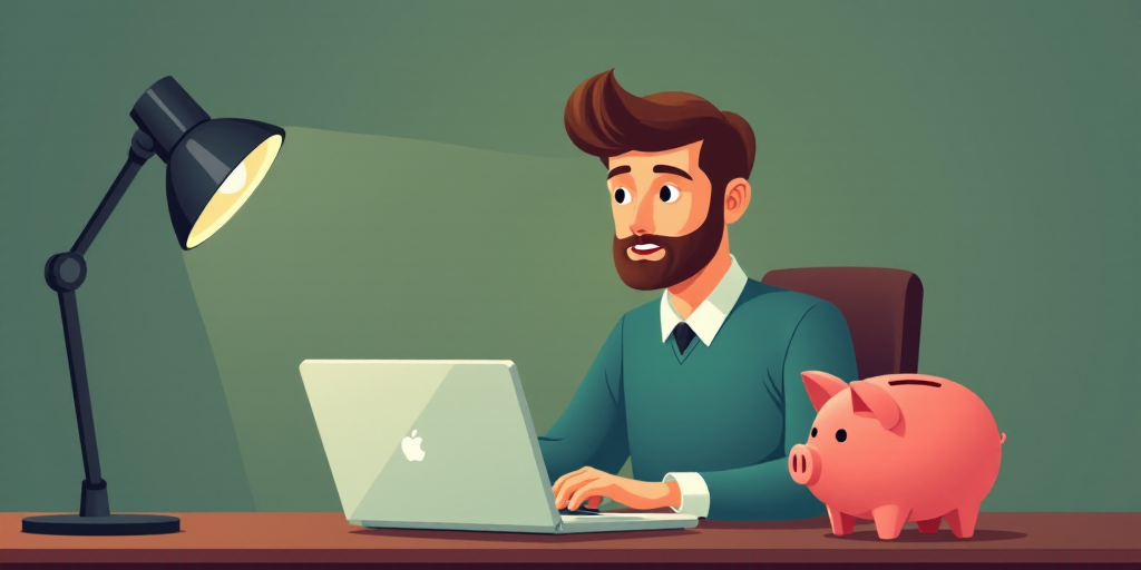 a man sitting at a table with a laptop computer in front of him and a piggy bank behind him, Conrad