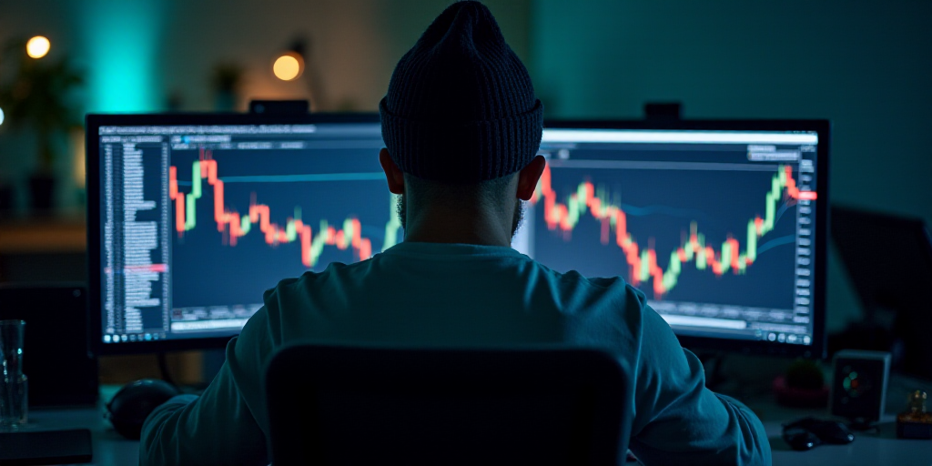 a man sitting in front of two computer monitors with a stock chart on the screen and a beanie on his
