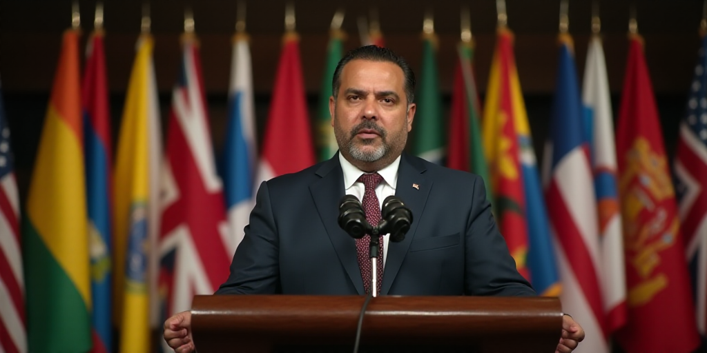 a man standing at a podium in front of flags of different countries and a microphone in front of him