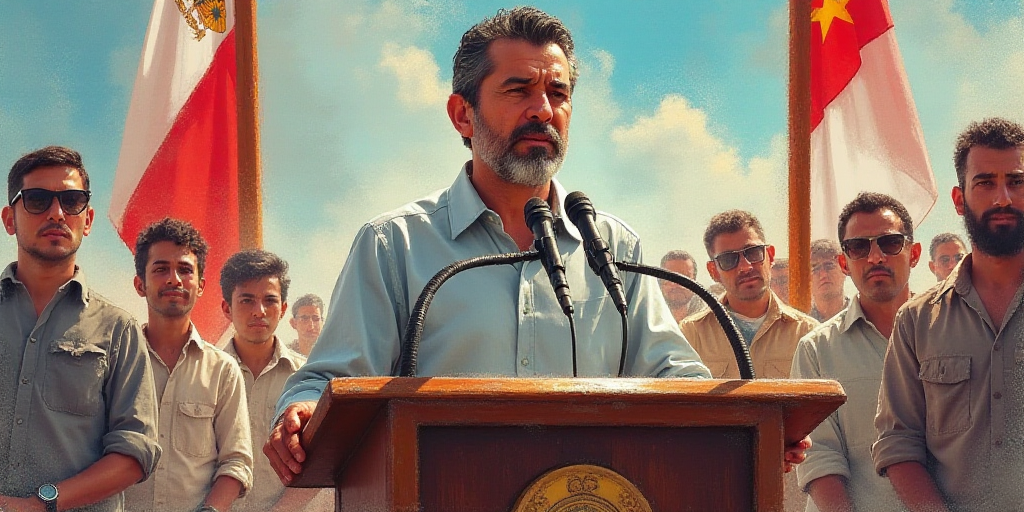 a man standing at a podium with a microphone in front of him and flags behind him and a banner behin