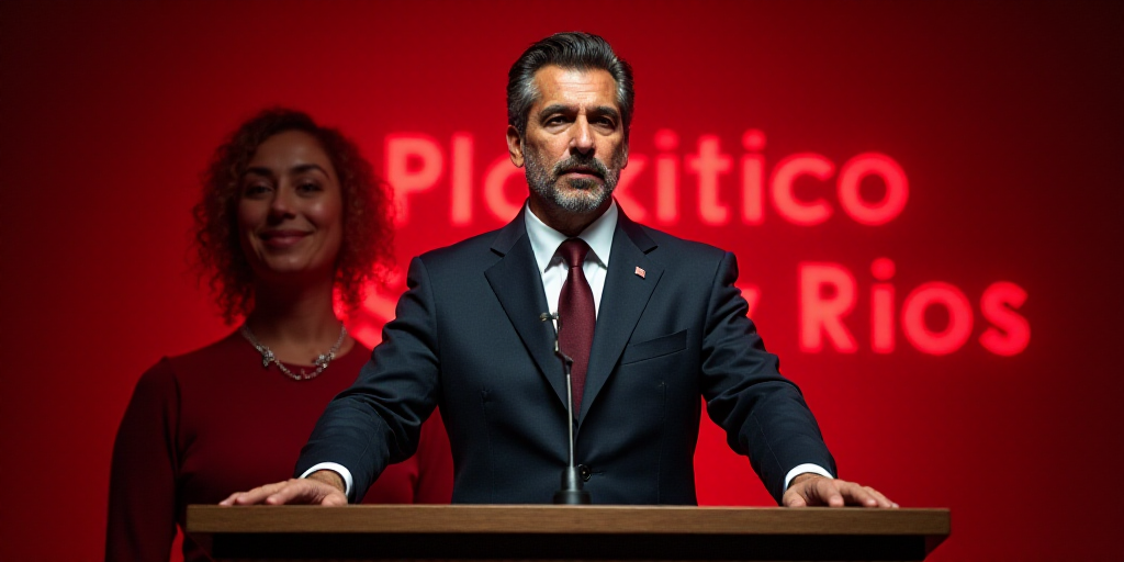 a man standing at a podium with a microphone in front of him and a woman behind him, with a red sign