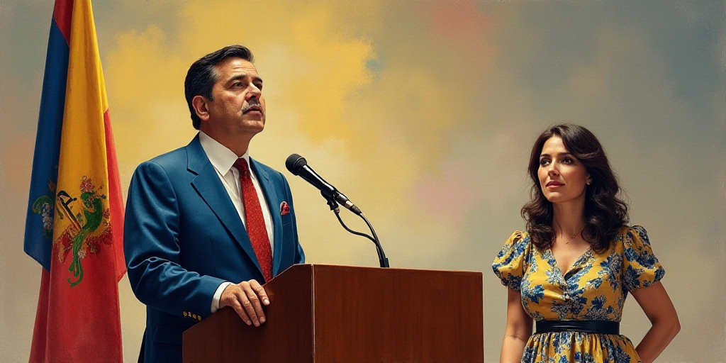 a man standing at a podium with a flag behind him and a woman standing behind him with a microphone,