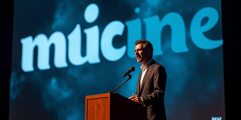 a man standing at a podium with a microphone in his hand and a sign behind him that says micine, Car