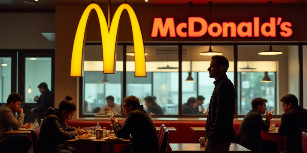 a man standing in front of a mcdonalds sign in a restaurant with people eating at tables and a man s