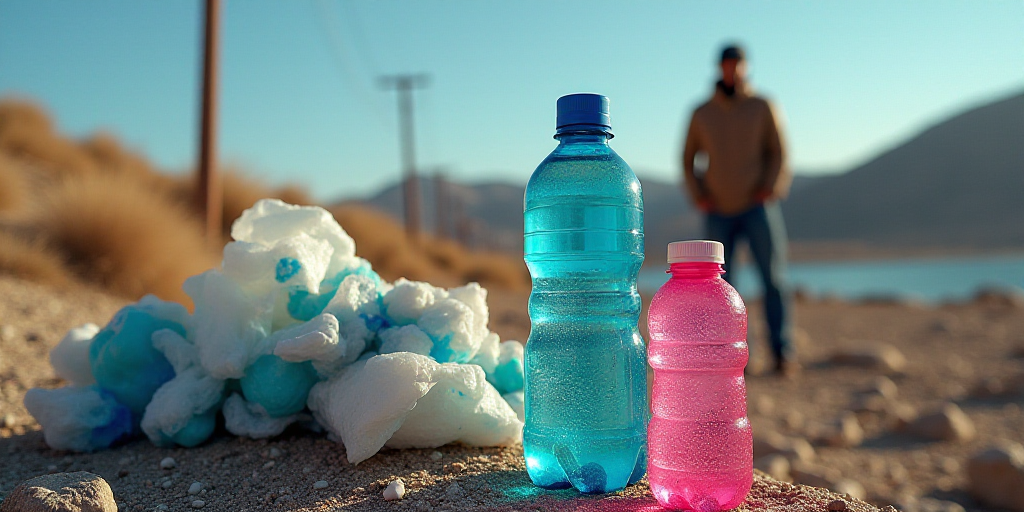 a man standing next to a pile of trash and a bottle of water and a pink and blue water bottle, Aquir