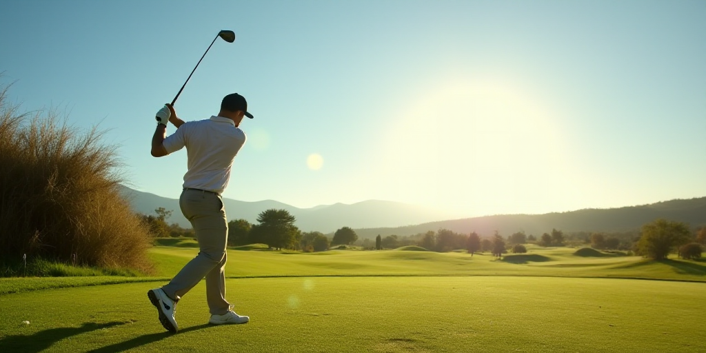 a man swinging a golf club on a golf course in the sun with a bush in the background and a blue sky,