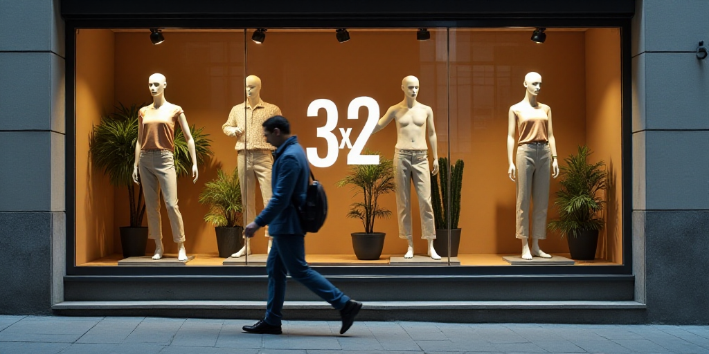a man walking past a store window with mannequins in it's display case and a sign that says 3x2, Aqu
