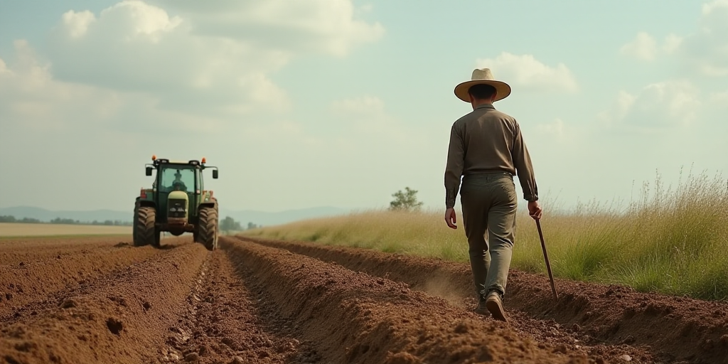 a man walking through a field with a hat on his head and a cane in his hand, in front of a plow, Cef