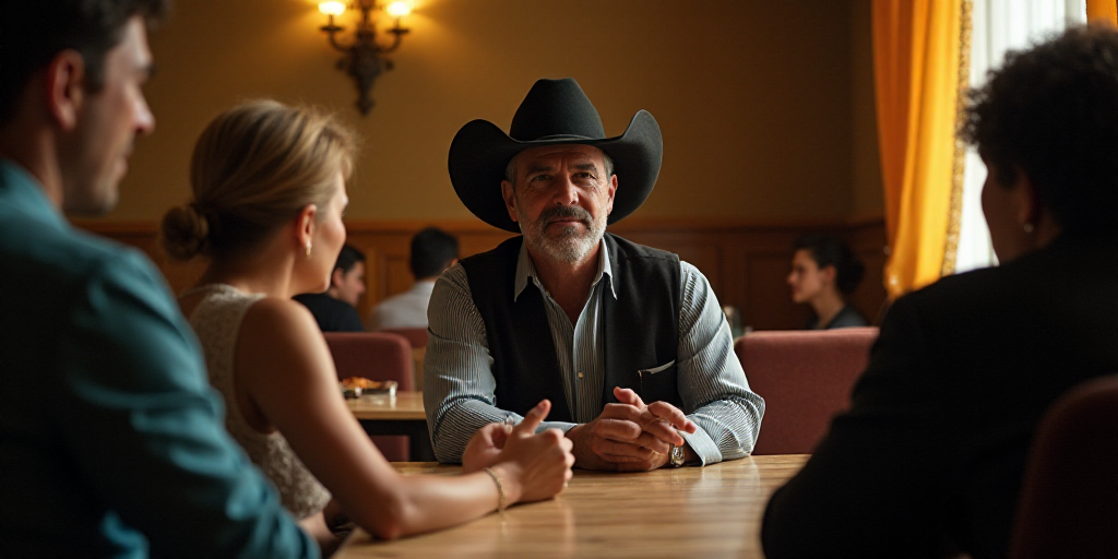 a man wearing a cowboy hat sitting at a table with other people around him and a woman standing behi