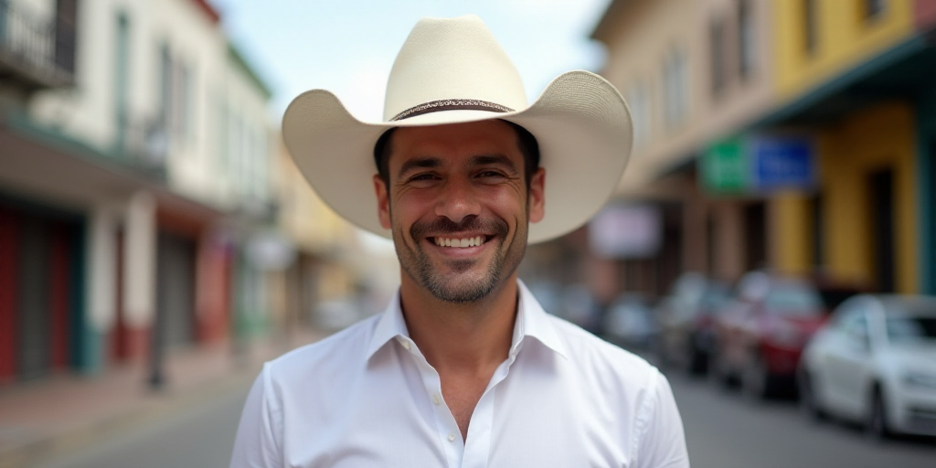 a man wearing a white cowboy hat and a white shirt smiling at the camera with a city street in the b