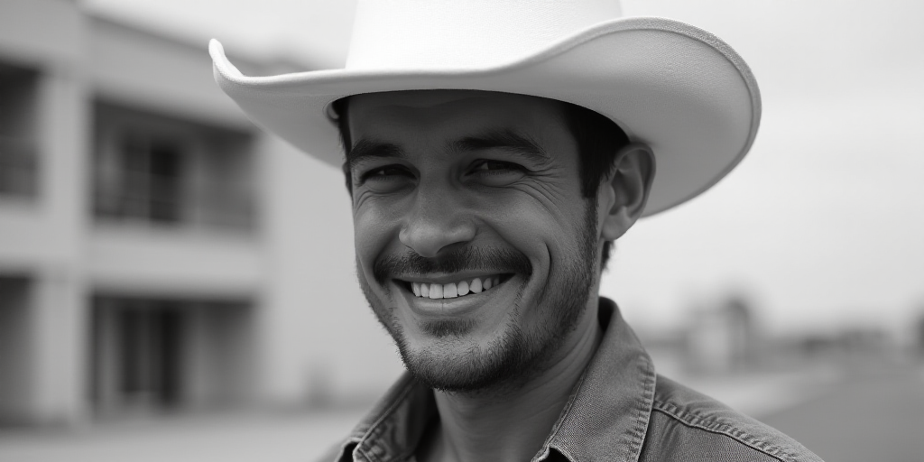 a man wearing a white hat and smiling for the camera with a building in the background in black and