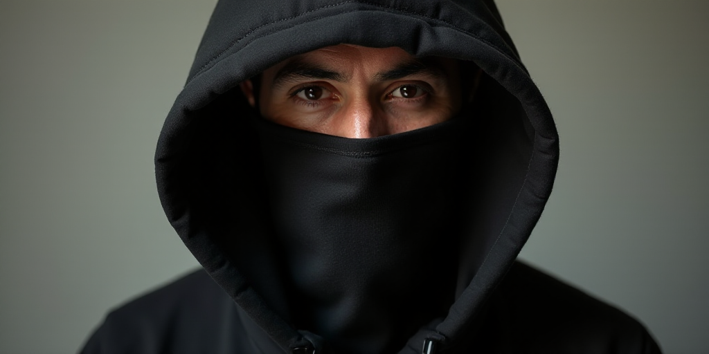 a man with a black hoodie and a black hoodie over his face with a black square on it, Estuardo Maldo