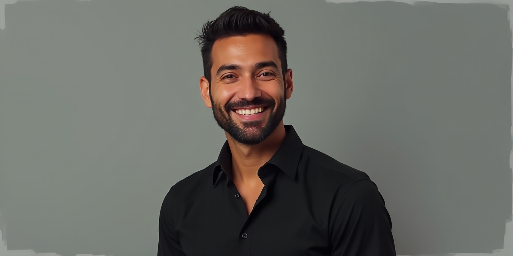 a man with a black shirt and a smile on his face and a gray background with a white border, Federico