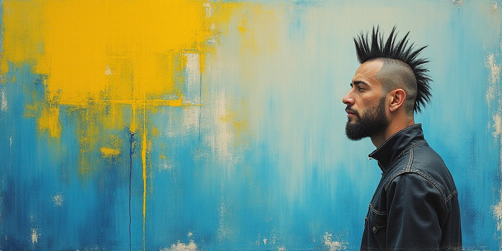 a man with a mohawk standing in front of a blue and yellow background with a black and white photo,