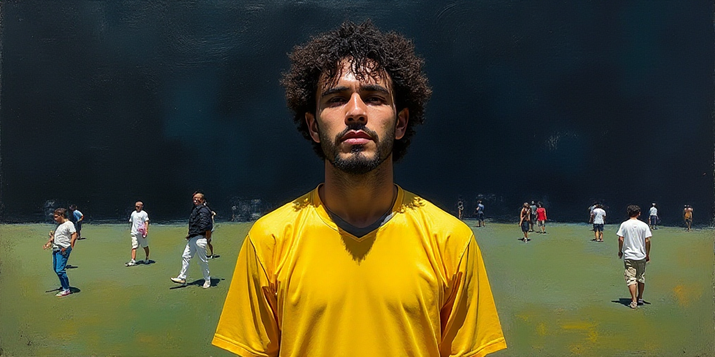 a man with a yellow shirt on a field with a black background and a white and blue shirt on, Carles D