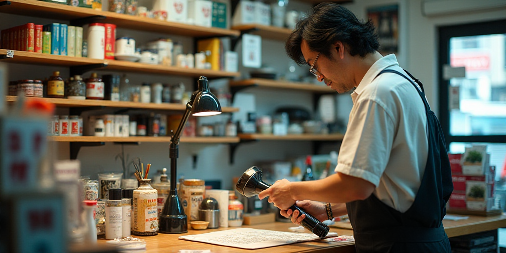 a man working in a store with a lot of items on the counter and a large blow dryer, Aya Goda, japan,