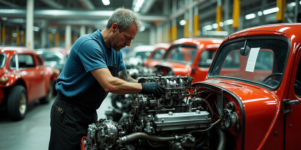 a man working on a car engine in a factory with other cars in the background and a machine in the fo