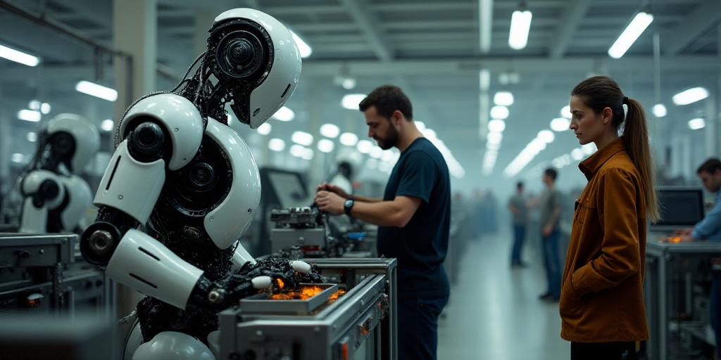 a man working on a machine in a factory with people looking on and looking at it and a woman standin
