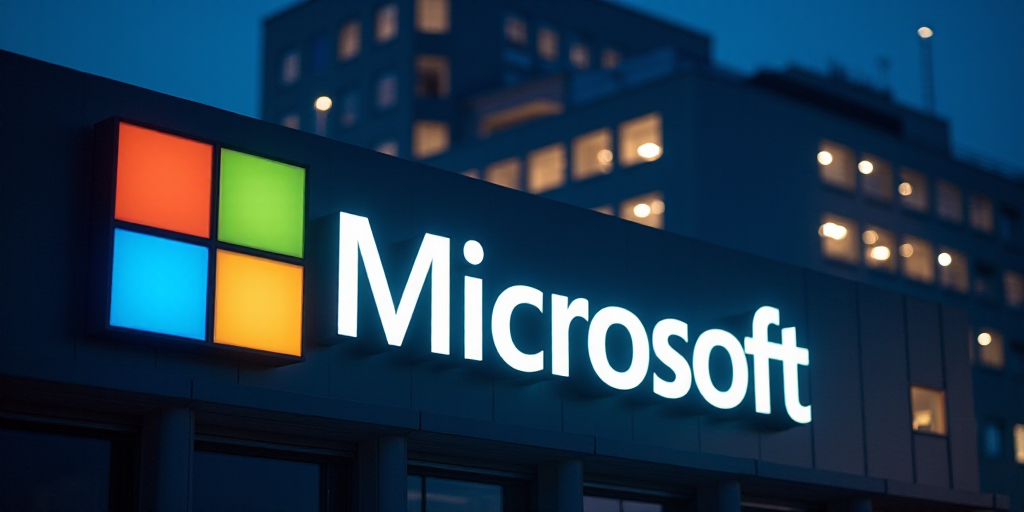 a microsoft logo is lit up in front of a building at night with windows lit up in the background, An