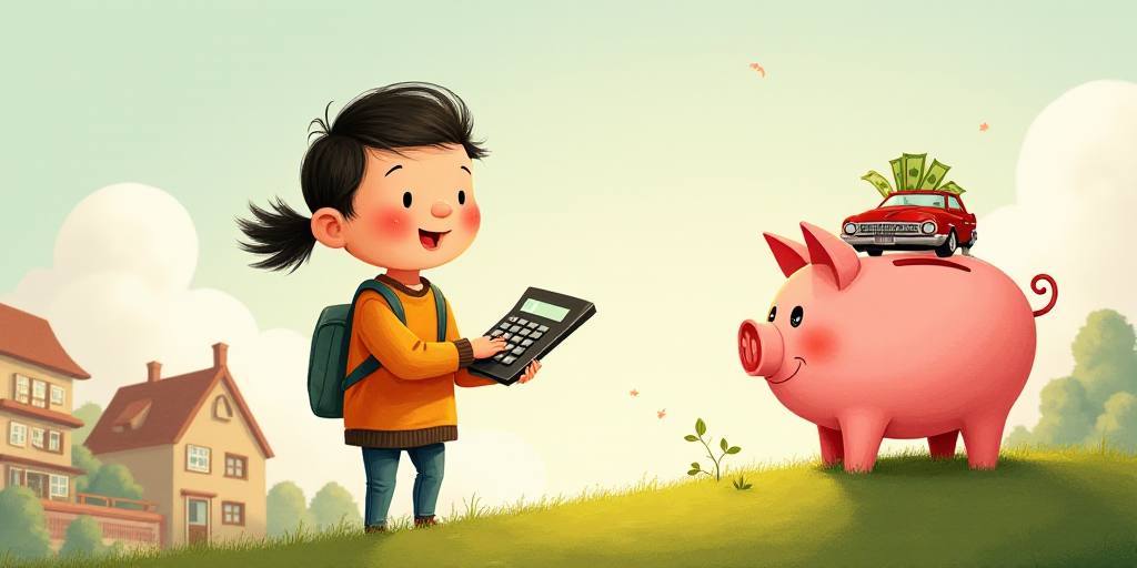a person holding a calculator and a piggy bank with money and a car on it and a house, Cui Bai, deta