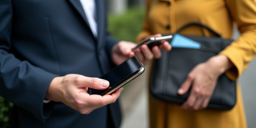 a person holding a cell phone and a bag with a credit card in it and a bag with a cell phone in it,