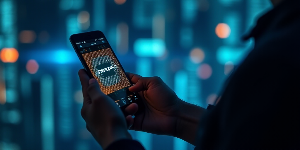 a person holding a cell phone with a processor in the background with the word nexperia on it, Aquir