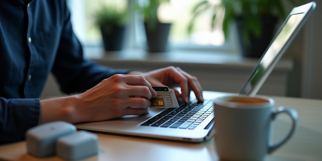 a person holding a credit card while using a laptop computer on a desk with a cup of coffee and a mu